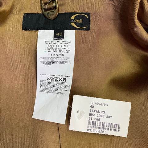 JUST CAVALLI Size 4 Gold Metallic Leather Distressed Long Coat
