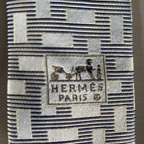 HERMES Navy Light Blue Geometric Silk Tie