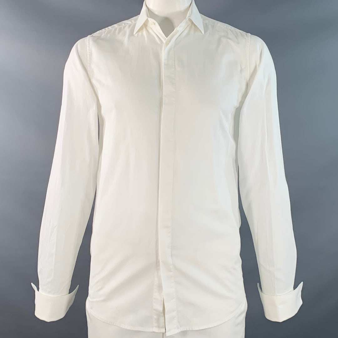 THEORY Size L White Cotton Textured Spread Collar French Cuff Long Sleeve Shirt