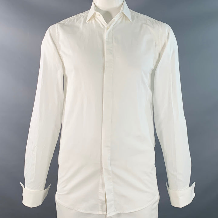 THEORY Size L White Cotton Textured Spread Collar French Cuff Long Sleeve Shirt