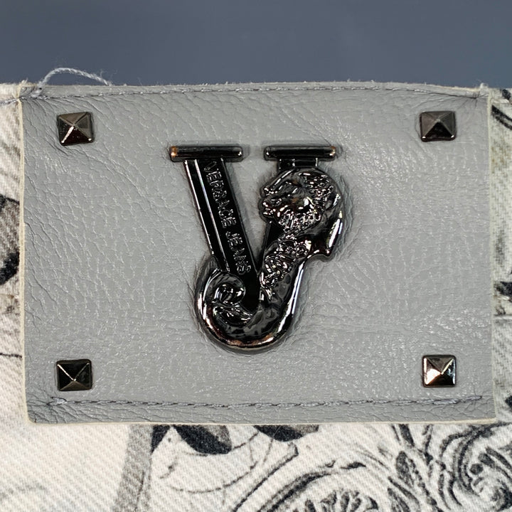 VERSACE JEANS Size 30 White Grey Logo Print Cotton Blend Slim Tapered Jeans