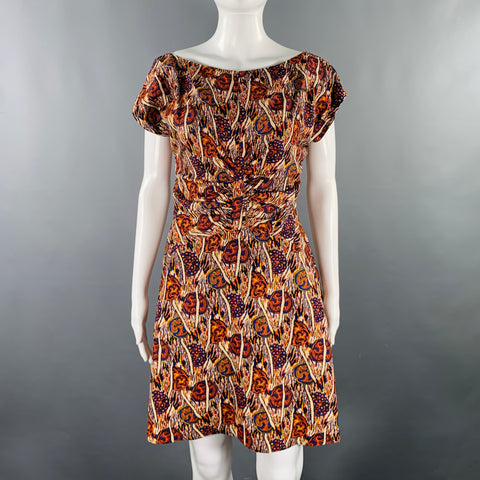 RACHEL COMEY Size M Beige Orange Blue Silk Linen Abstract Boat Neck Dress