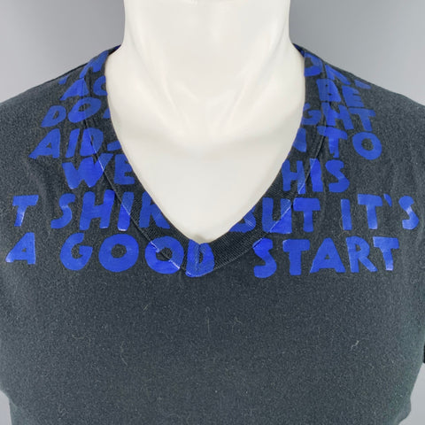 MARTIN MARGIELA Size L Black Blue Logo Cotton V-Neck T-shirt