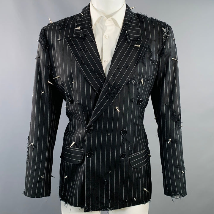 LIBERAL YOUTH MINISTRY Size M Black Grey Pinstripe Wool Double Breasted Studded Sport Coat