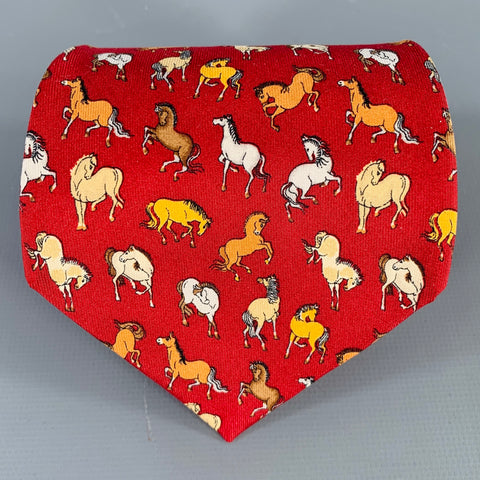 SALVATORE FERRAGAMO Red Orange Yellow Horses Silk Tie