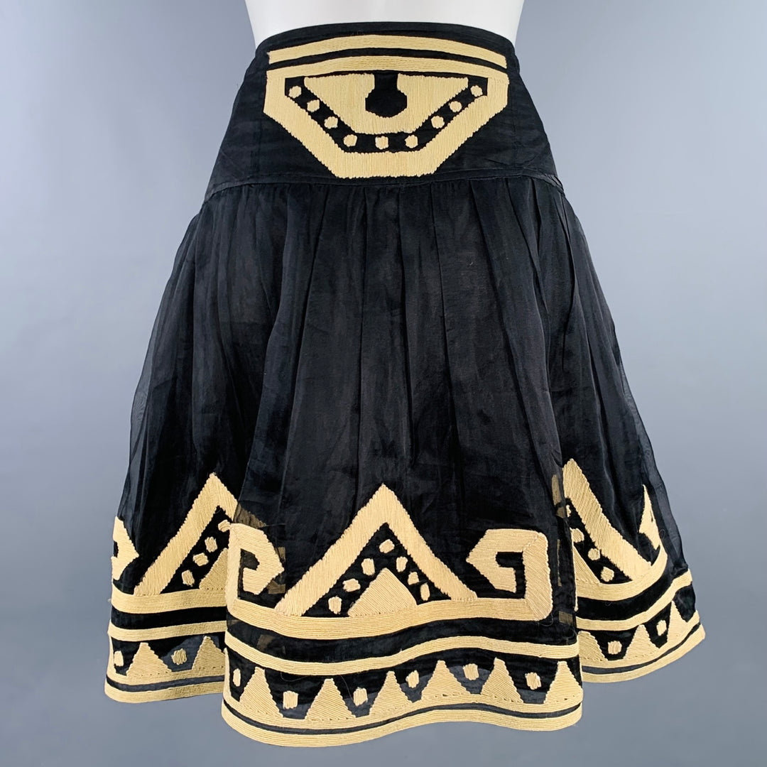 DIANE VON FURSTENBERG Size 2 Black Beige Silk Embroidered Pleated Skirt