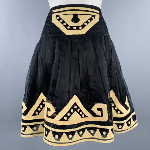 DIANE VON FURSTENBERG Size 2 Black Beige Silk Embroidered Pleated Skirt