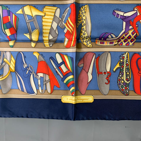 SALVATORE FERRAGAMO Blue Red Shoes Silk Scarves