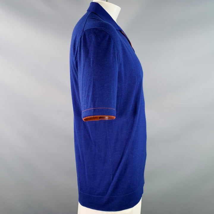 LORO PIANA Size 42 Blue Brown Contrast Trim Silk Cashmere Open Collar Polo