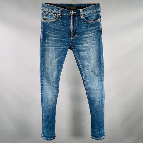 NUDIE JEANS Size 30 Lean Dean Blue Contrast Stitch Cotton Blend Slim Straight Jeans