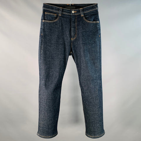 NO ID. BLACK Size 30 Blue Orange Contrast Stitch Cotton Blend High Waisted Bootcut Jeans