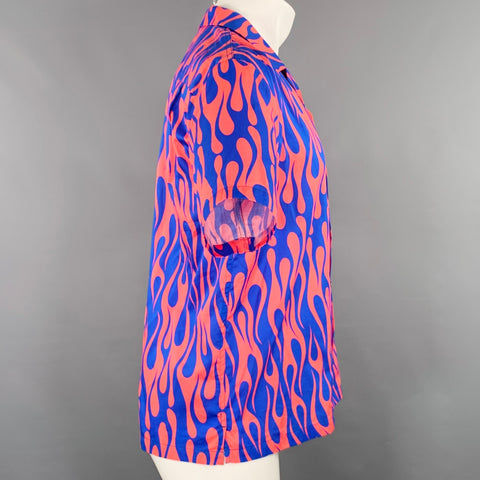 DOUBLE RAINBOUU Size S Orange Blue Flames Cotton One Pocket Short Sleeve Shirt