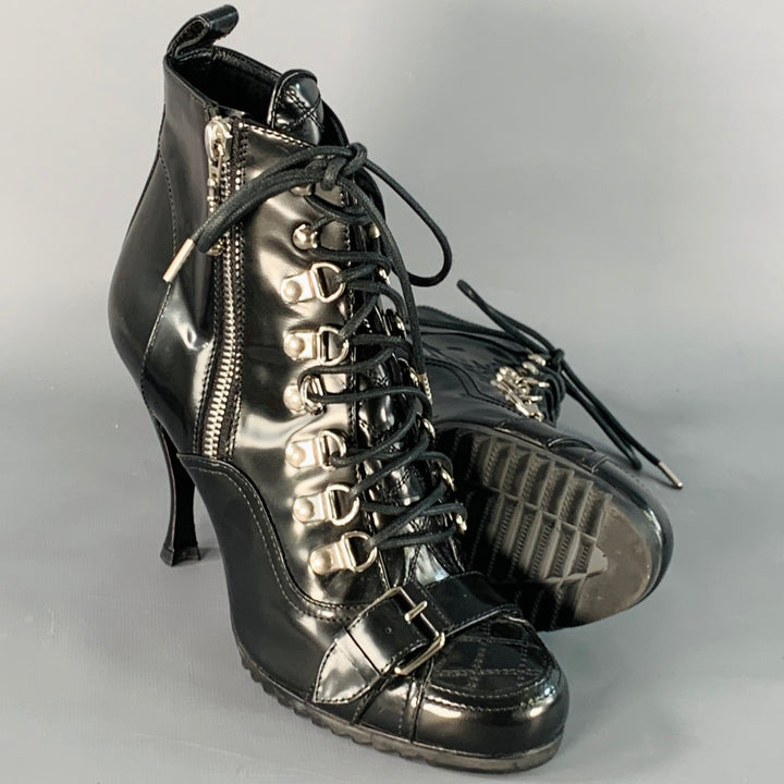 BALENCIAGA Size 7 Black Patent Leather Lace-Up Zipper Stiletto Boots