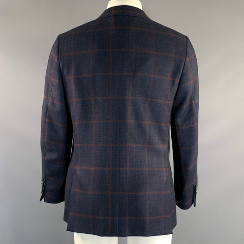 CANALI Chest Size 40 Navy Burgundy Window Pane Wool & Cashmere Sport Coat