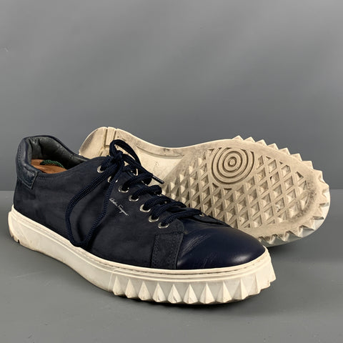 SALVATORE FERRAGAMO Size 10 Navy White Suede Sneakers