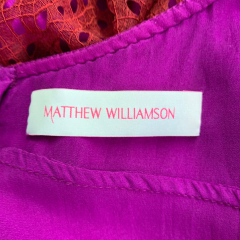 MATTHEW WILLIAMSON Size M Red Fuchsia Nylon Embroidered 3/4 Sleeves Dress