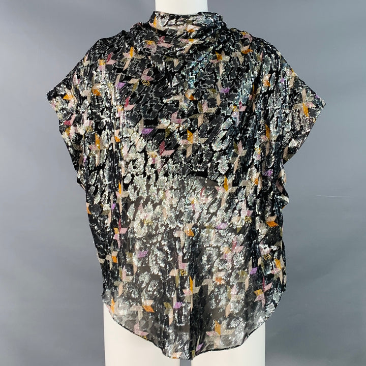 ISABEL MARANT Size M Black Metallic Silk Blend Geometric Cowl Neck Dress Top