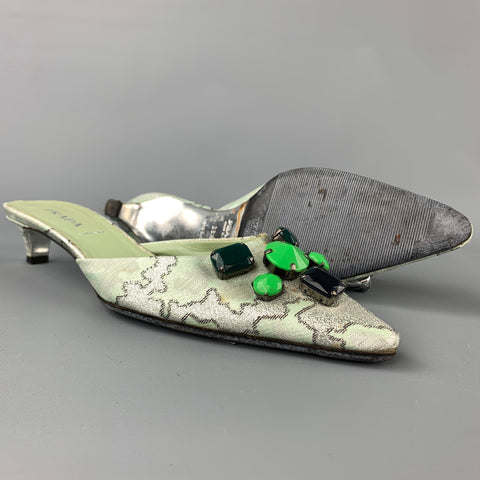 PRADA Size 8.5 Green Embellishments Silk Kitten Heel Pumps
