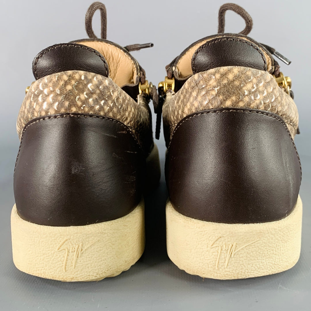 GIUSEPPE ZANOTTI Size 9 Beige Brown Leather Textured Double Side Zipper Sneakers