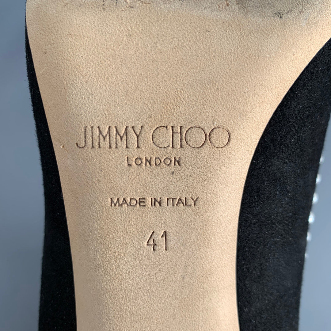 JIMMY CHOO Size 11 Black Cream Suede Faux Pearl Studded Heels Pumps