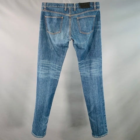 LANVIN Size 34 Blue Twill Cotton Straight Contrast Stitch Zip Fly Jeans