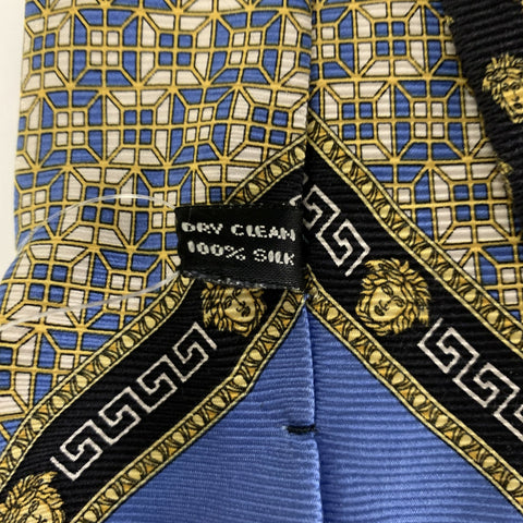 GIANNI VERSACE Blue Gold Squares Silk Tie