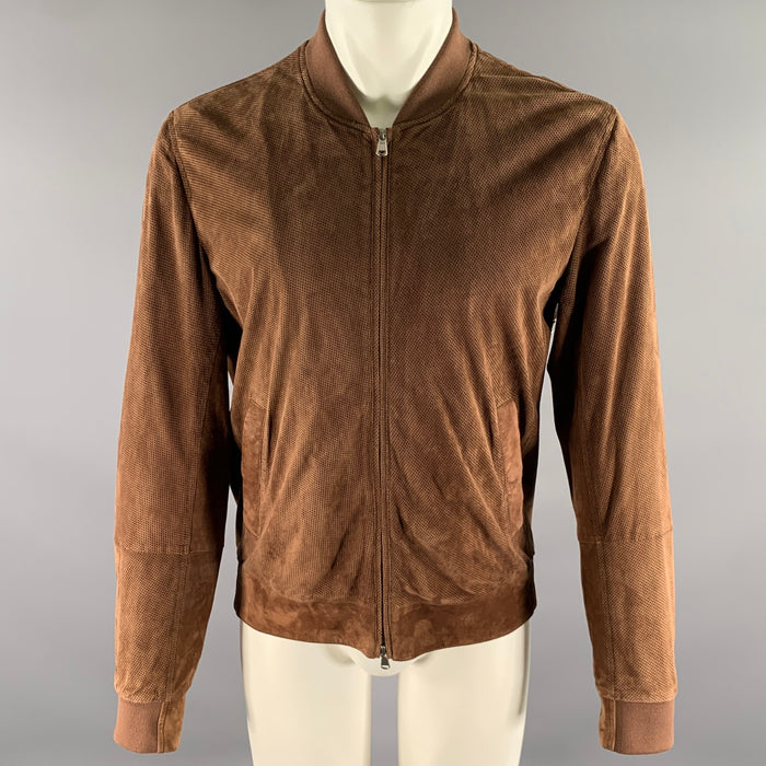 BRUNELLO CUCINELLI Size L Brown Perforated Leather Bomber Jacket