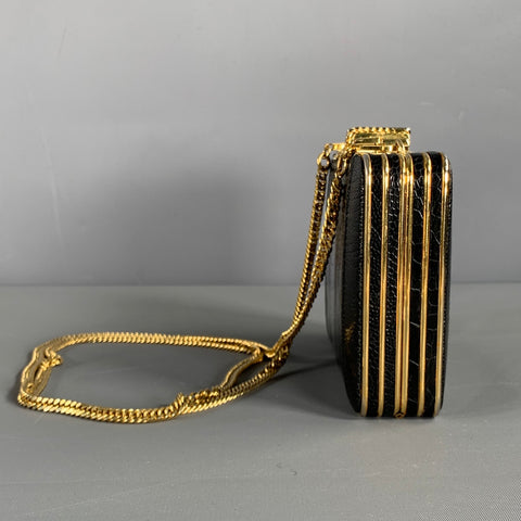LORENZI Black Gold Leather Lizard Evening Handbag