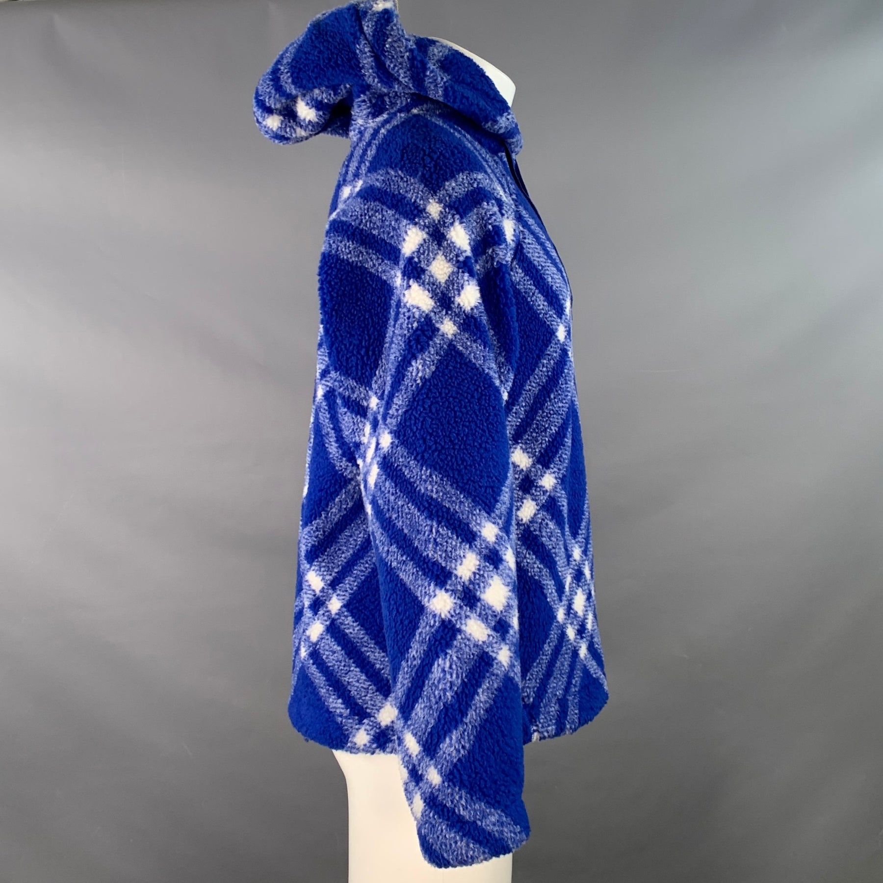 BURBERRY Size XS Blue White Plaid Acrylic Blend Fleece Hoodie