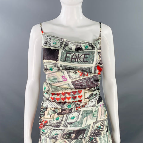 VAQUERA Size S Multi Color Polyester Money Print Ruched Asymmetrical Spaghetti Straps Dress