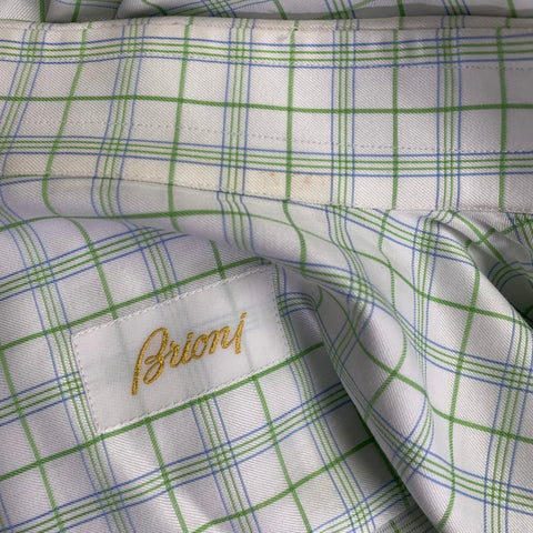 BRIONI Size M White Green Plaid Cotton Button Up Long Sleeve Shirt