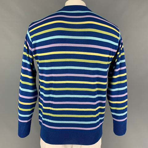 GENE MEYER Size L Blue Yellow Stripe Cotton Blend Crew-Neck Pullover
