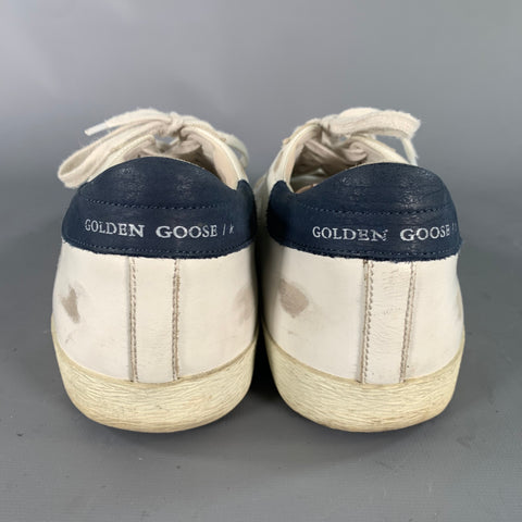 GOLDEN GOOSE Size 9 White Navy Logo Leather Skater Sneakers