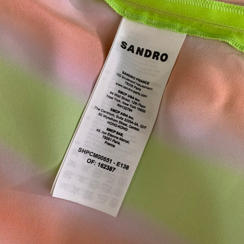 SANDRO SS2020 Size XXL Green Orange & Pink Stripe Viscose Button Up Short Sleeve Shirt