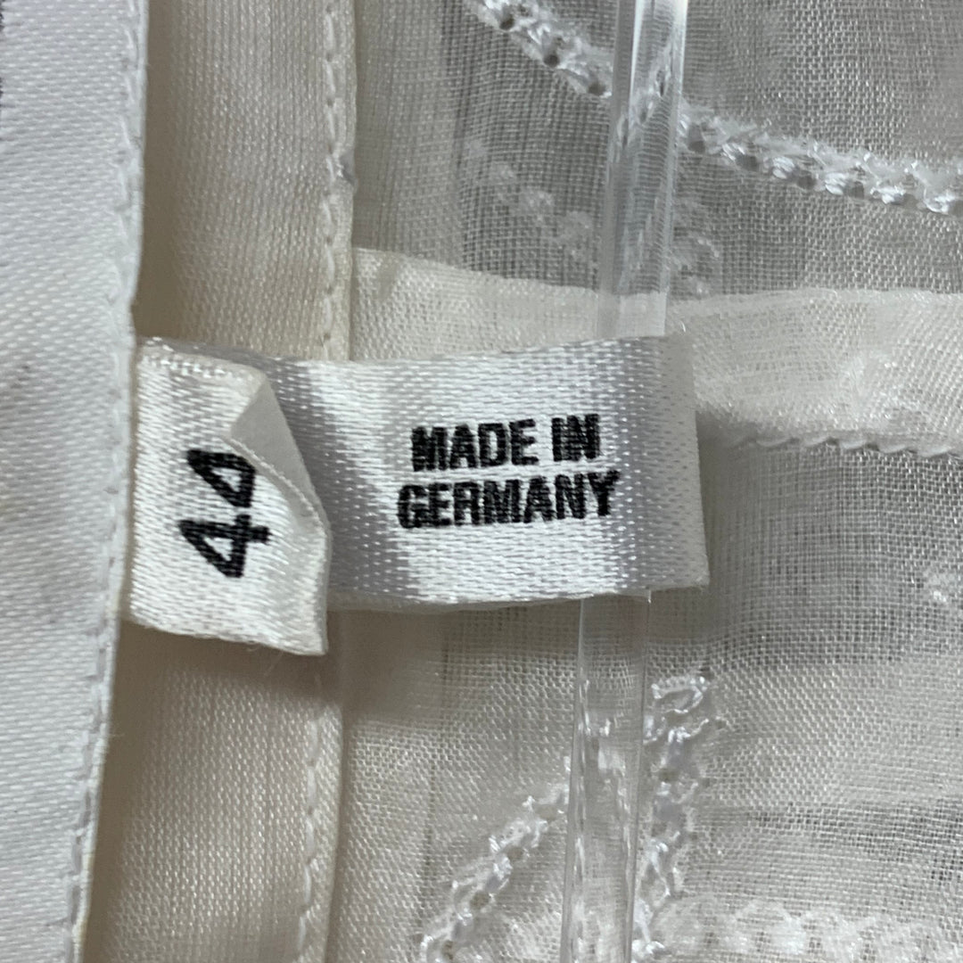 ESCADA Size XL Off White Silk Sheer Embroidered Ruffled Button Up Shirt