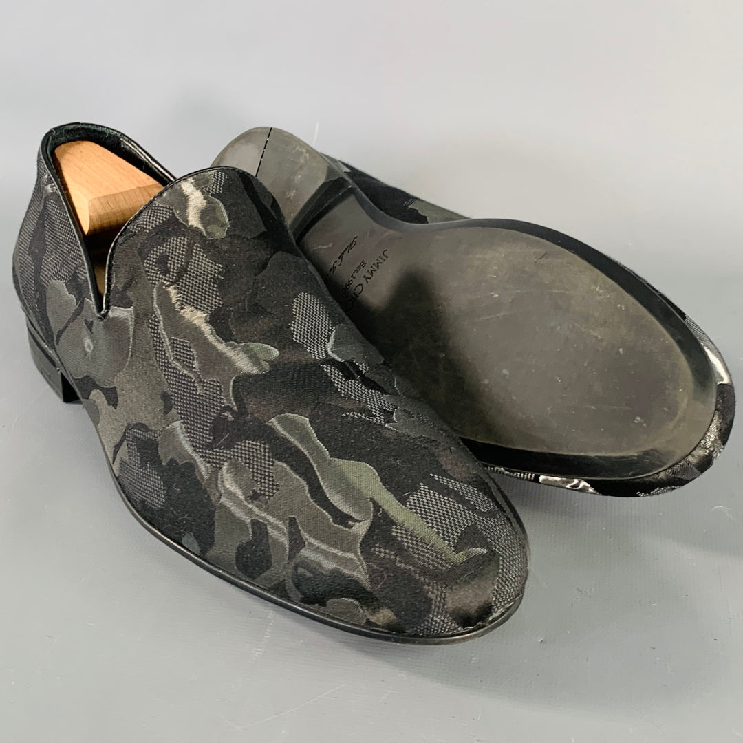 JIMMY CHOO Size 8 Black Grey Camouflage Figures Canvas Slip On Loafers