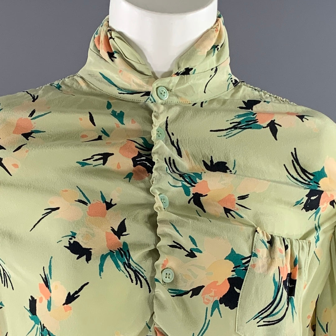 MARNI Size 4 Green Silk Floral Blouse