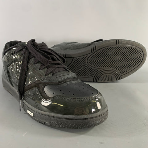 DIOR Size 10.5 Black Logo Patent Leather Low Top Sneakers