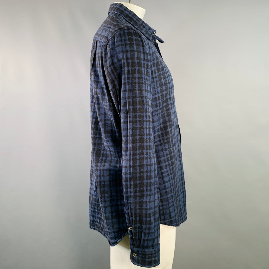 WOOLRICH Size XL Navy Black Plaid Cotton One Pocket Long Sleeve Shirt