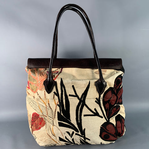 DRIES VAN NOTEN Brown Cream Red Embroidered Leather Tote Handbag