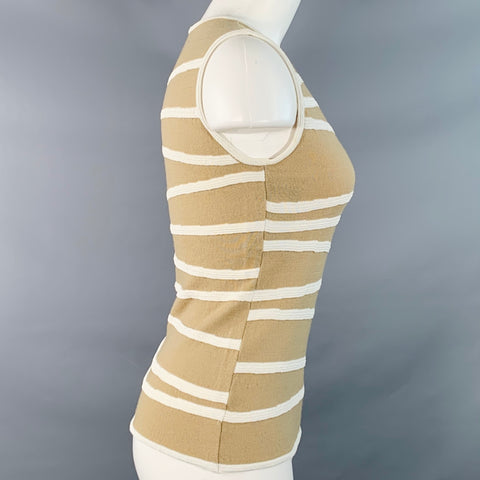 GIORGIO ARMANI Taille S Haut décontracté sans manches en mélange de laine mérinos texturée à rayures beige et blanc