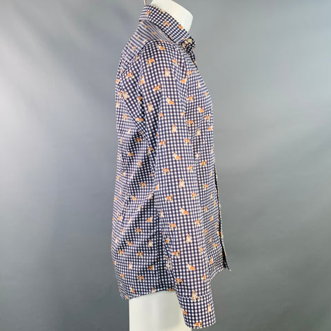 ETON Size M White Blue Checkered Cotton Curved Cutaway Long Sleeve Shirt