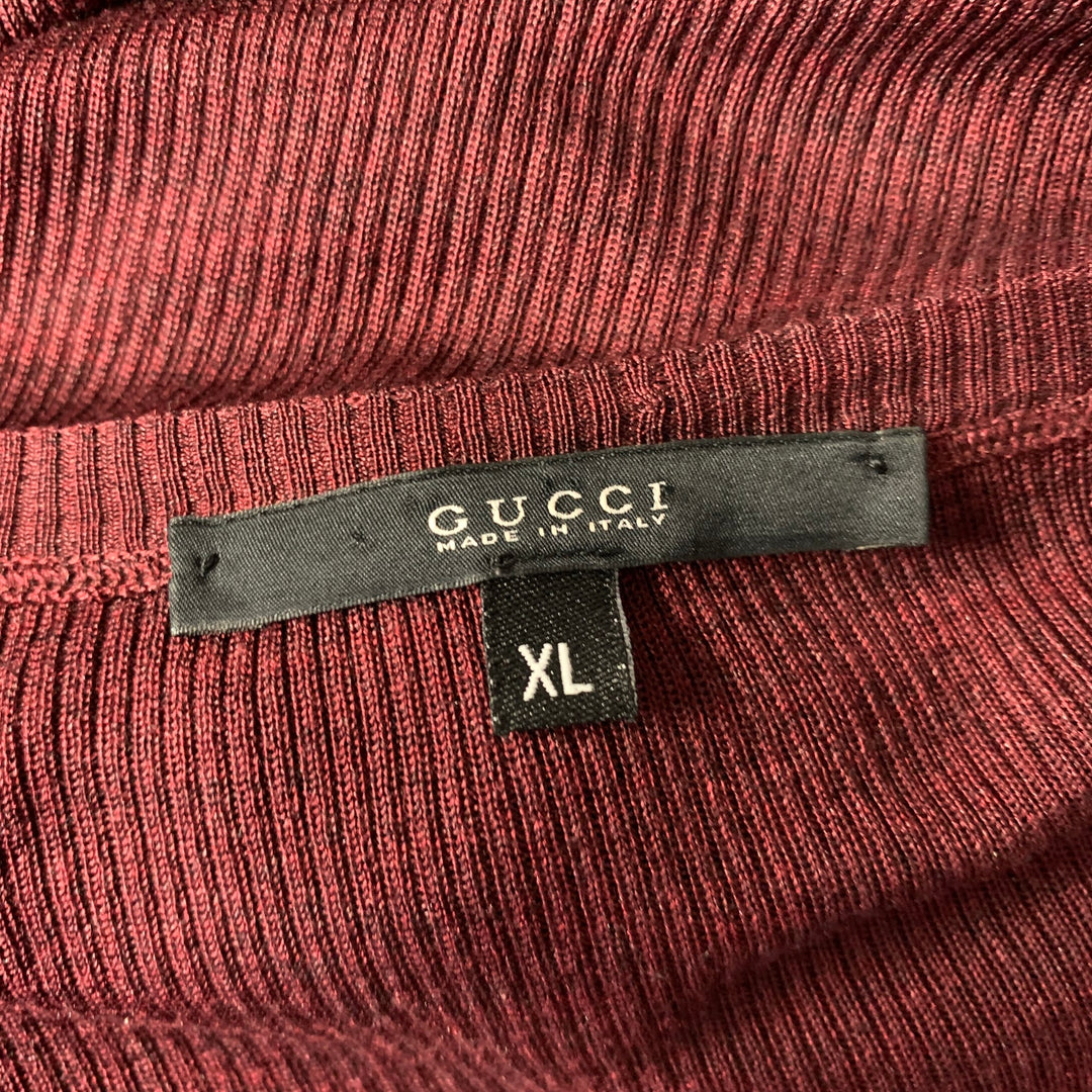 GUCCI Size XL Burgundy Ribbed Knit Silk V-Neck Pullover