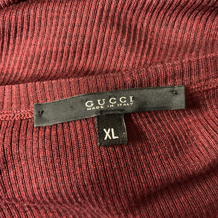 GUCCI Size XL Burgundy Ribbed Knit Silk V-Neck Pullover