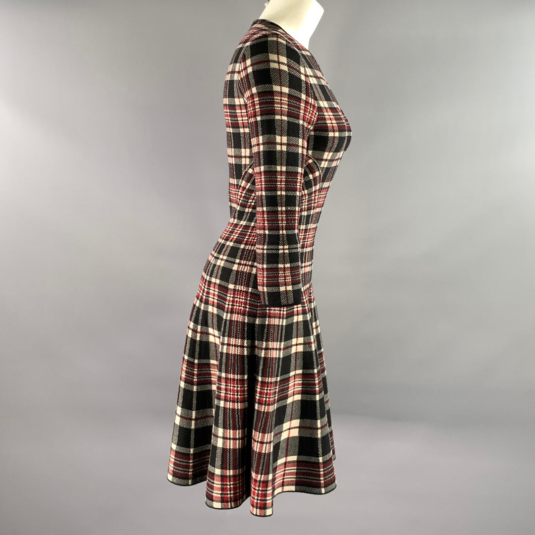 ALEXANDER MCQUEEN Size S Black Red Wool Plaid 3/4 Sleeves Knee-Length Dress