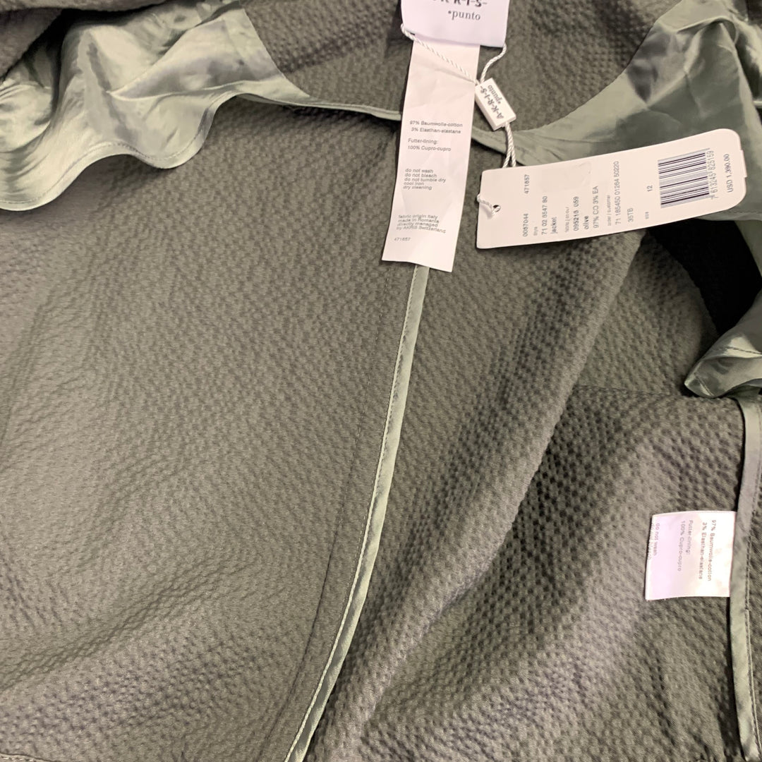 AKRIS Size 12 Black Olive Cotton Blend Seersucker Zip Snaps Collarless Jacket