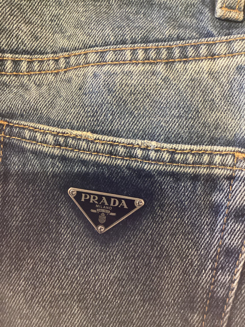 PRADA Size 25 Blue Cotton Washed Wide Leg Boyfriend Jeans
