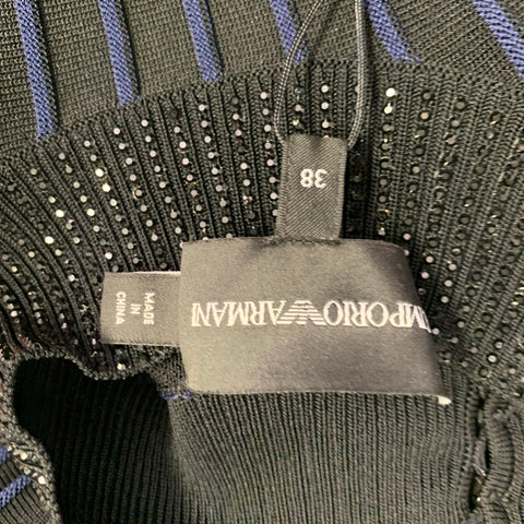 EMPORIO ARMANI Taille S Noir Bleu Marine Mélange Viscose Rayures Col Montant Robe Haut