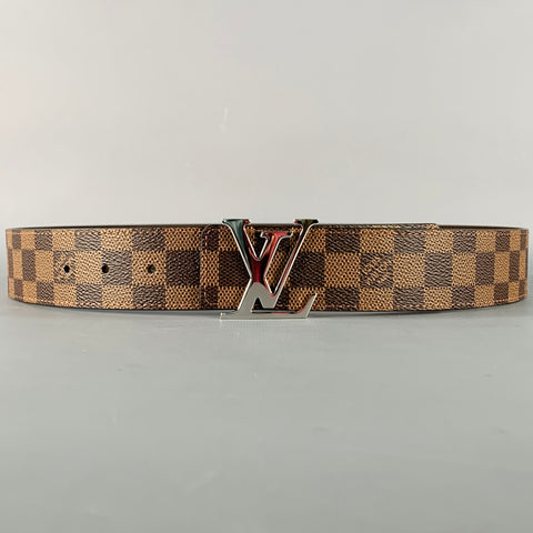 LOUIS VUITTON  Size 38 LV Initiales Brown Beige Checkered Coated Canvas Belt