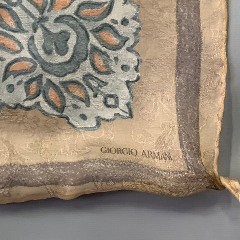GIORGIO ARMANI Tan Blue Floral Silk Scarf Shawl
